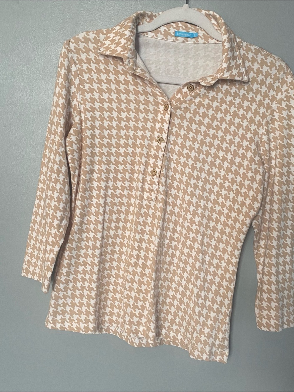 J. McLaughlin Beige and White Houndstooth Button-Down Polo